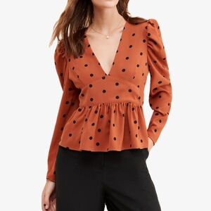 Anthropology Glamorous Peplum Plunge Neck Polka Dot Blouse